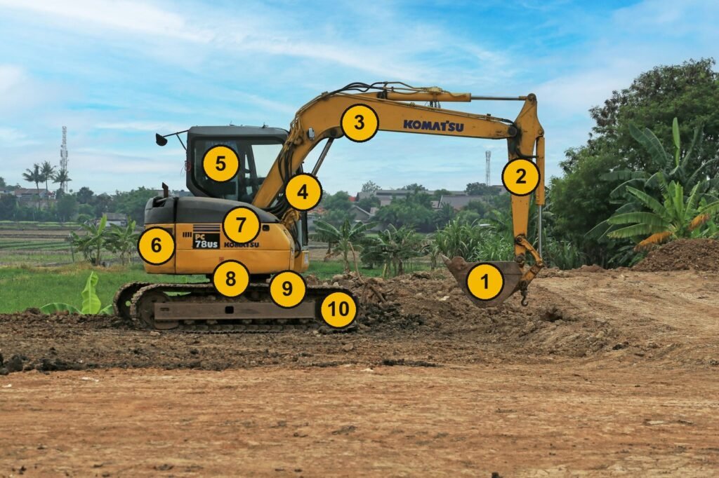 Diagrama de las partes de una excavadora hidráulica con diez partes numeradas, del cucharón a la rueda motriz